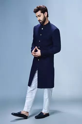 Navy blue katdana work achkan set