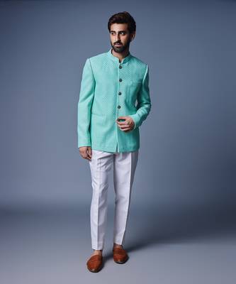 Sea green sequins bandhgala set 1