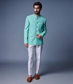 Sea green sequins bandhgala set