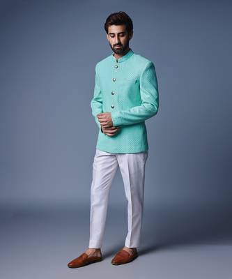 Sea green sequins bandhgala set 2
