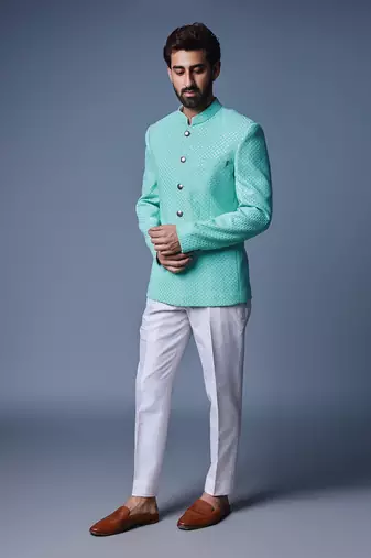 Sea green sequins bandhgala set