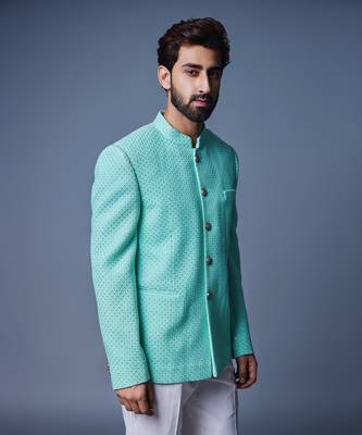 Sea green sequins bandhgala set 3
