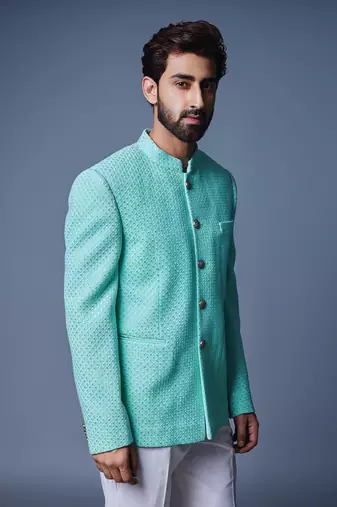 Sea green sequins bandhgala set