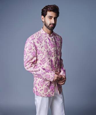 Cream print bandhgala set 3