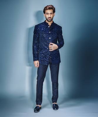Navy blue sequins emb bandhgala set 1