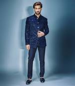 Navy blue sequins emb bandhgala set
