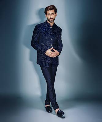 Navy blue sequins emb bandhgala set 2