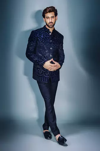 Navy blue sequins emb bandhgala set