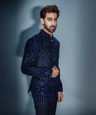Navy blue sequins emb bandhgala set 3