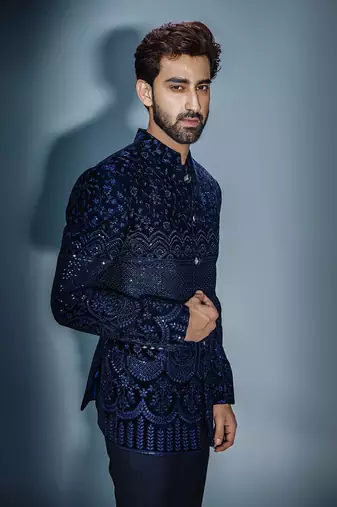 Navy blue sequins emb bandhgala set