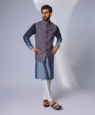 Grey zhaki print multicolor linen nehru jacket set 1