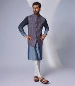 Grey zhaki print multicolor linen nehru jacket set