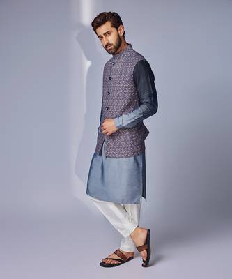 Grey zhaki print multicolor linen nehru jacket set 2