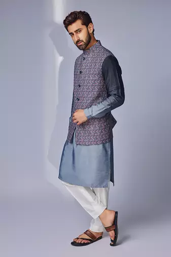 Grey zhaki print multicolor linen nehru jacket set