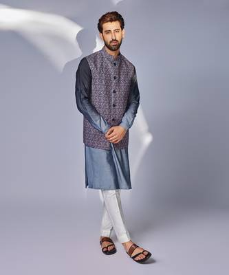 Grey zhaki print multicolor linen nehru jacket set 3