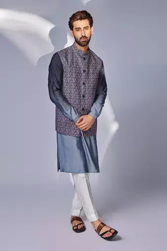 Grey zhaki print multicolor linen nehru jacket set