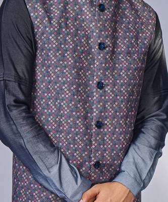 Grey zhaki print multicolor linen nehru jacket set 4