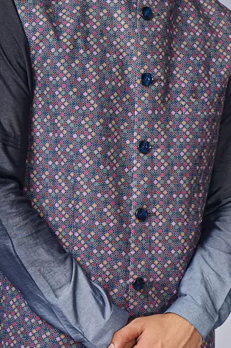 Grey zhaki print multicolor linen nehru jacket set