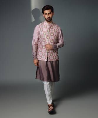 Grey floral nehru jacket set 1