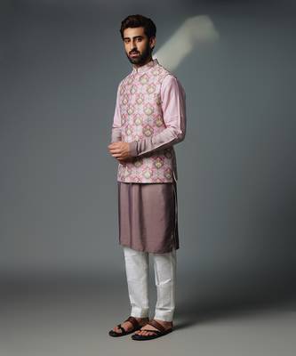 Grey floral nehru jacket set 2