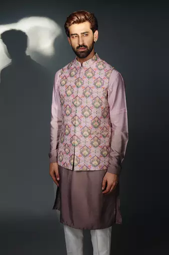 Grey floral nehru jacket set