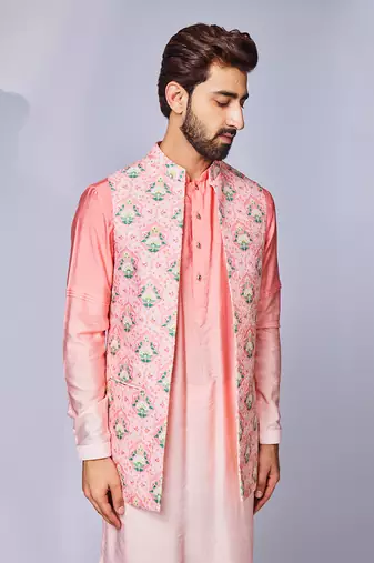 Pink peach floral print ojis open jacket set