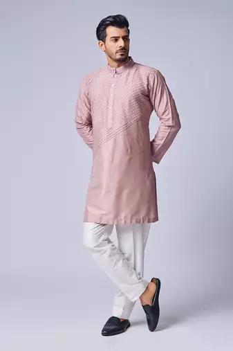 Peach pink pearl work kurta set