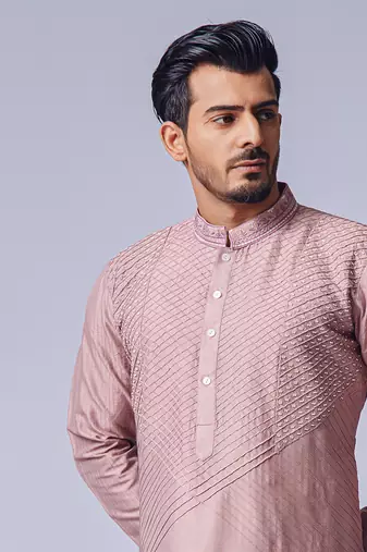 Peach pink pearl work kurta set