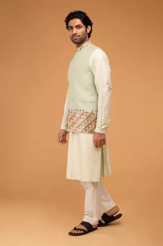 Mint mirror work nehru jacket set