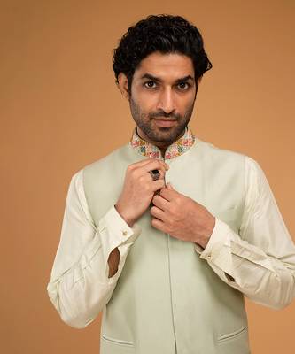 Mint mirror work nehru jacket set 4