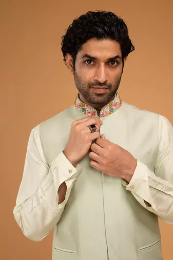 Mint mirror work nehru jacket set