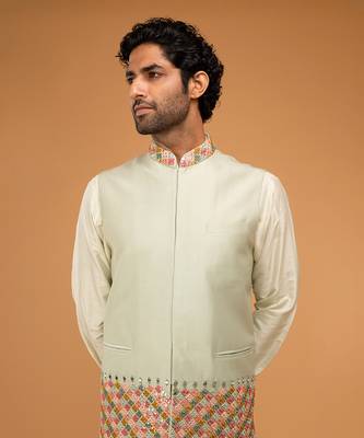 Mint mirror work nehru jacket set 5