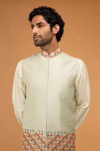 Mint mirror work nehru jacket set