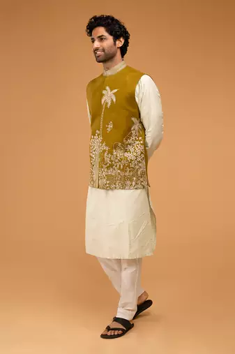 Mehendi green & pista nehru jacket set