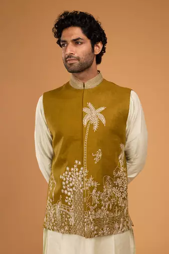 Mehendi green & pista nehru jacket set