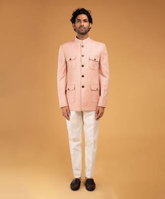 Peach jacquard patch pocket bandhgala 1