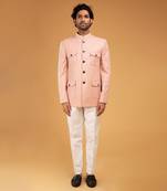 Peach jacquard patch pocket bandhgala