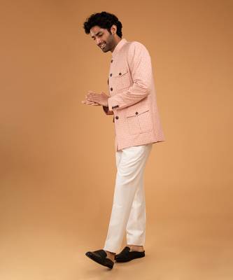 Peach jacquard patch pocket bandhgala 2