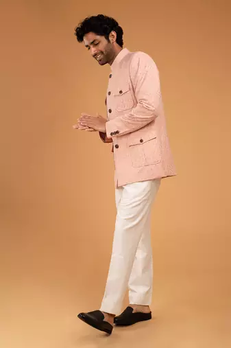 Peach jacquard patch pocket bandhgala