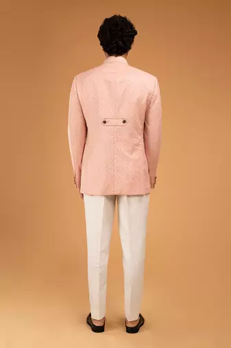 Peach jacquard patch pocket bandhgala