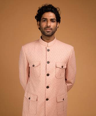 Peach jacquard patch pocket bandhgala 4