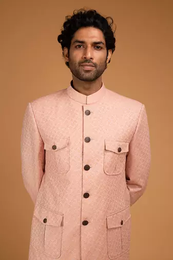 Peach jacquard patch pocket bandhgala