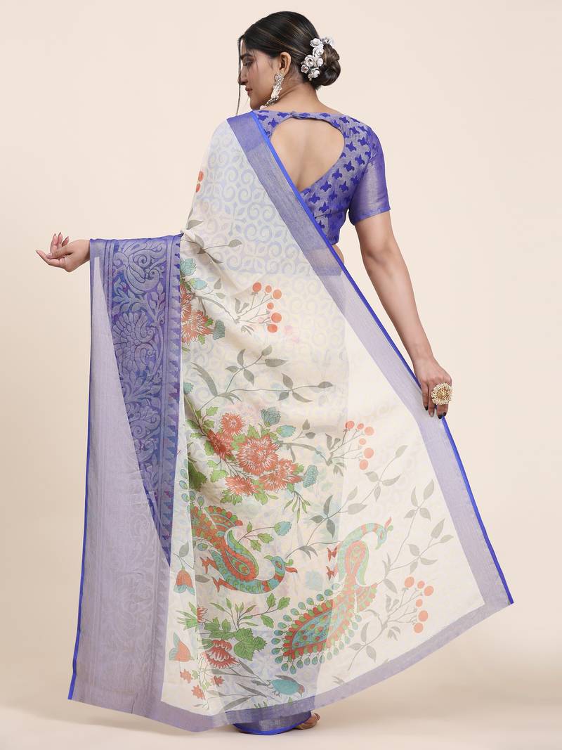 Coral-2-Royalblue   Printed Chiffon Art Sik Saree