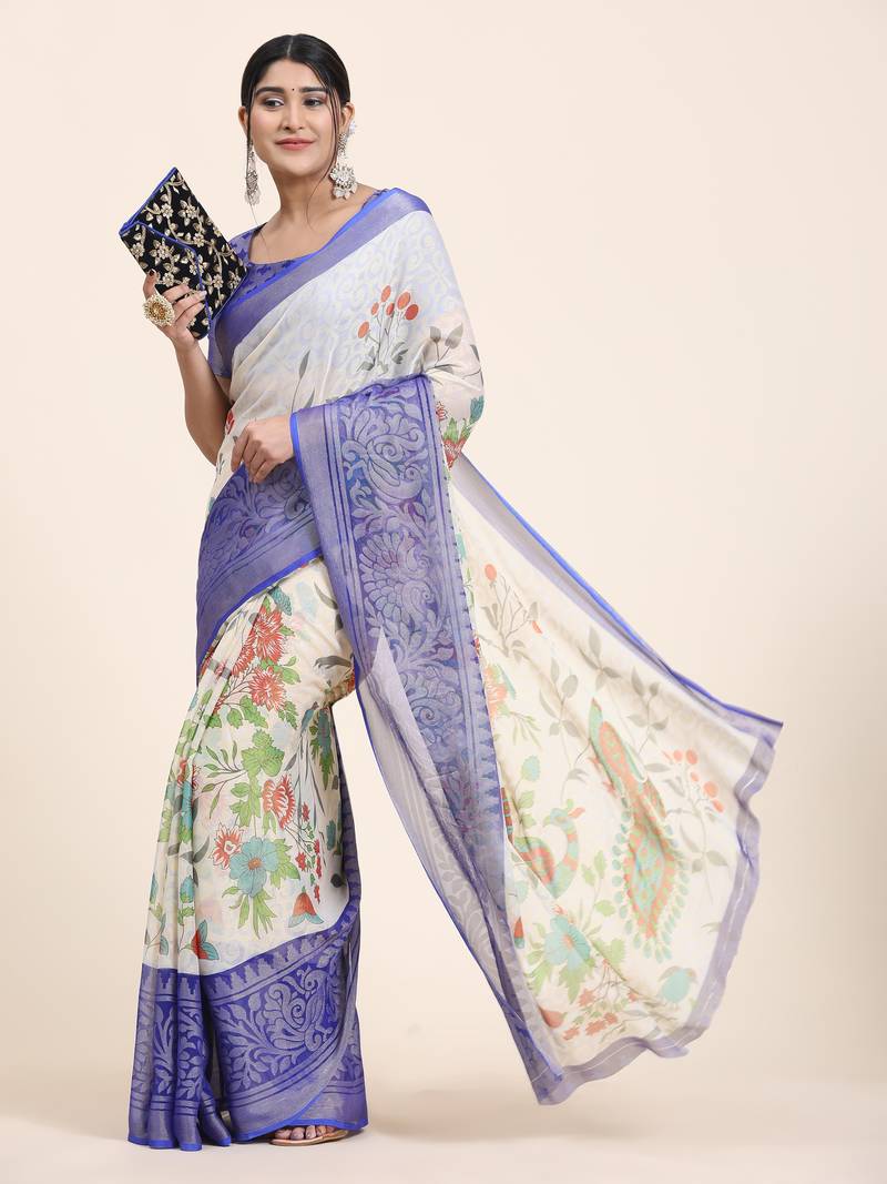Coral-2-Royalblue   Printed Chiffon Art Sik Saree