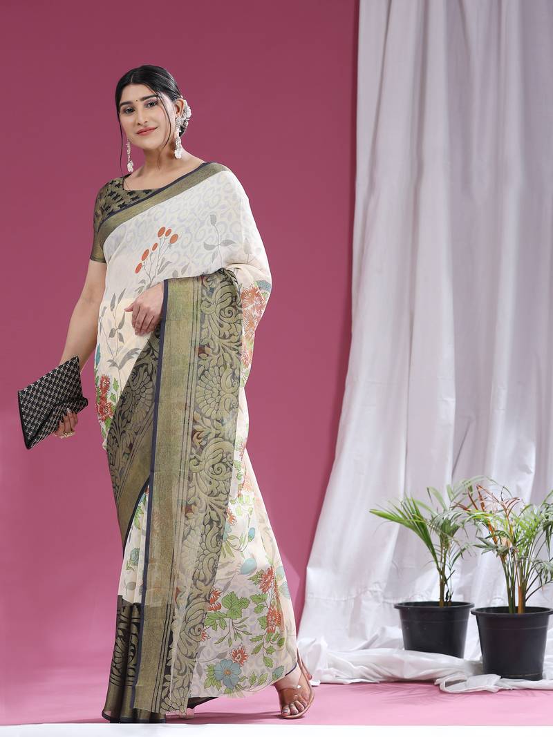 Coral-2-Royalblue   Printed Chiffon Art Sik Saree