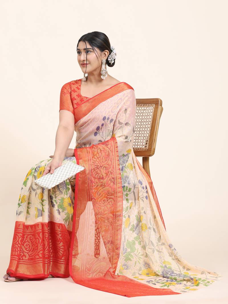 Coral-2-Red   Printed Chiffon Art Sik Saree