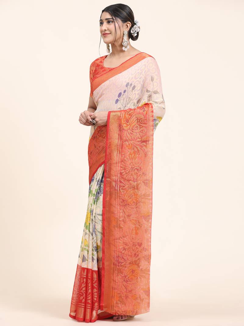 Coral-2-Red   Printed Chiffon Art Sik Saree