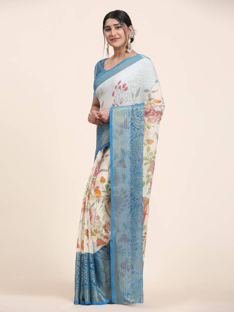 Coral-2-Firozi   Printed Chiffon Art Sik Saree