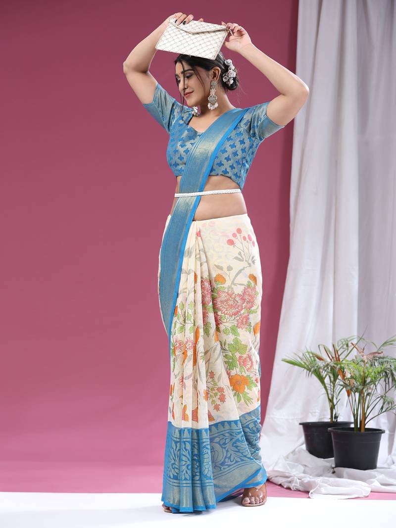 Coral-2-Firozi   Printed Chiffon Art Sik Saree