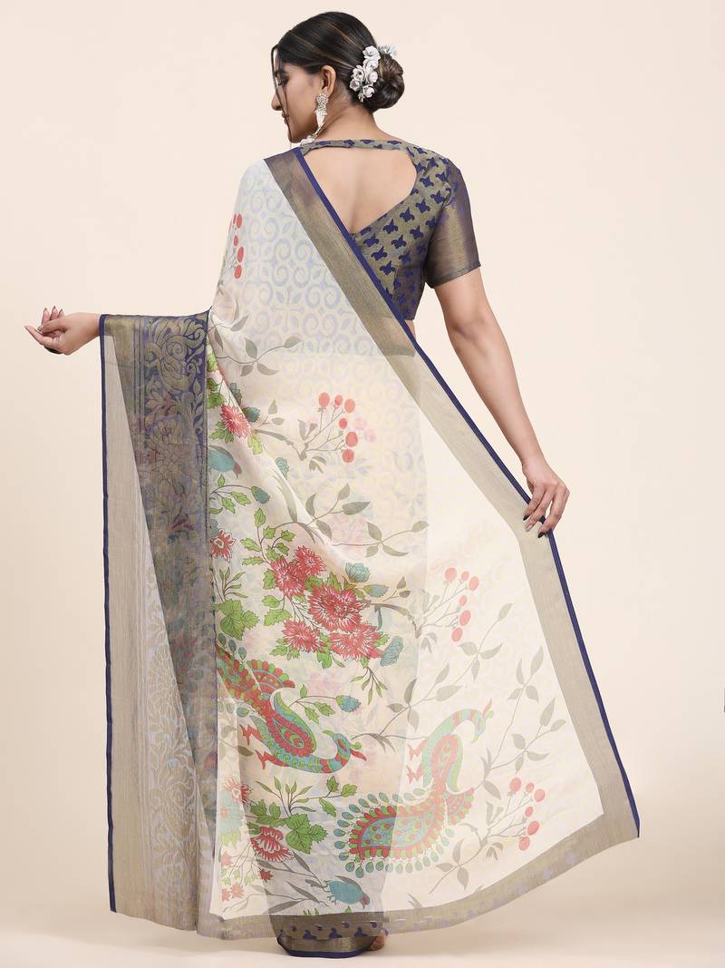 Coral-2-Blue   Printed Chiffon Art Sik Saree
